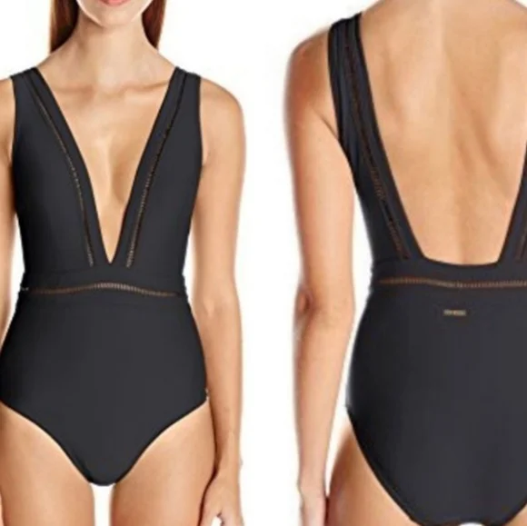 NWT Ted Baker Pointelle Deep V Plunge Swimsuit in Black 4 - Picture 2 of 11
